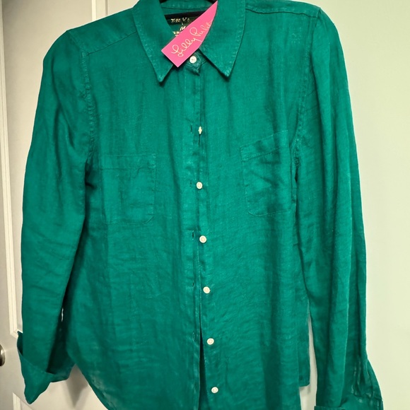 Lilly Pulitzer Seaview linen evergreen button up - Picture 2 of 6